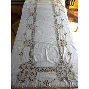Vintage‎ Madeira Lace Tablecloth 128"x64" Cream Hand Embroidered Cutwork Floral